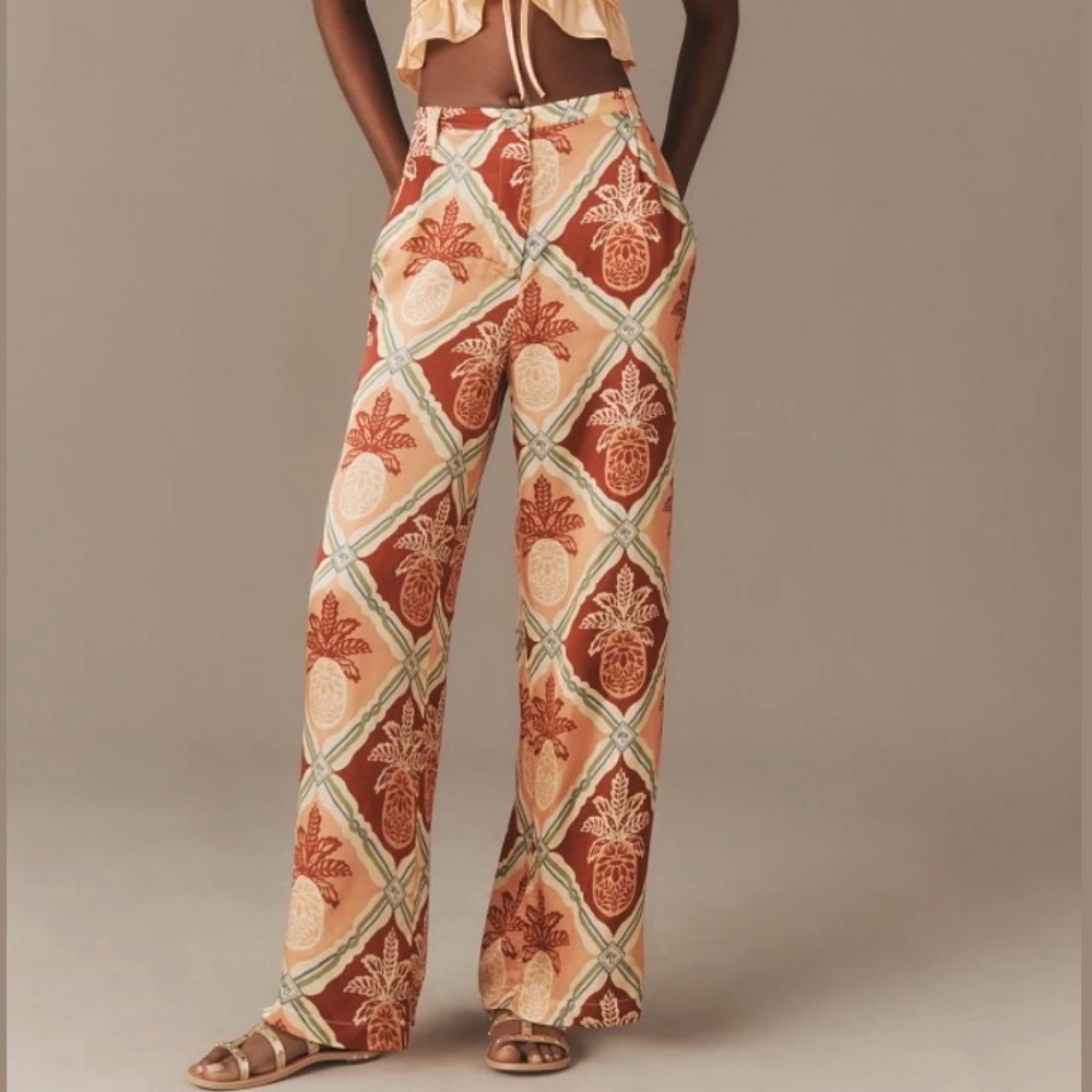 Anthropologie x Farm Rio Pineapple Satin Wide-Leg Pants XL